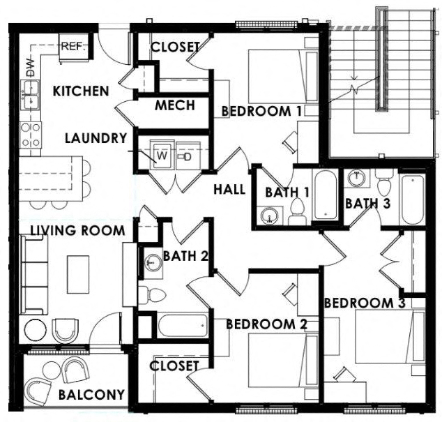 Floor plan for 3 beds, 3 baths, 1191 sqft